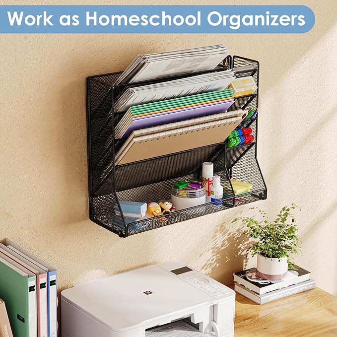 Jakyitvi Adjustable 5 Tiers Wall File Organizer Metal Hanging Holder Black | 5 tiers desk paper organizer, folder holder wall mount, mail organizer for home office, hanging document tray
