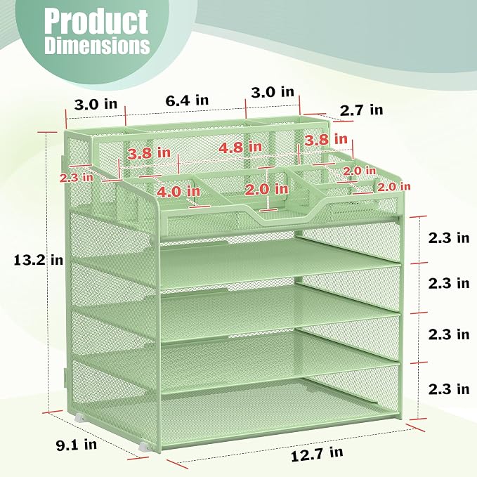 Docnest 5 Tier Mesh Desk Organizer with Letter Tray & Paper Sorter, Green | Features 3 built-in pen holders & 5 adjustable compartments on top. Includes 4 non-slip rubber feet for desk protection