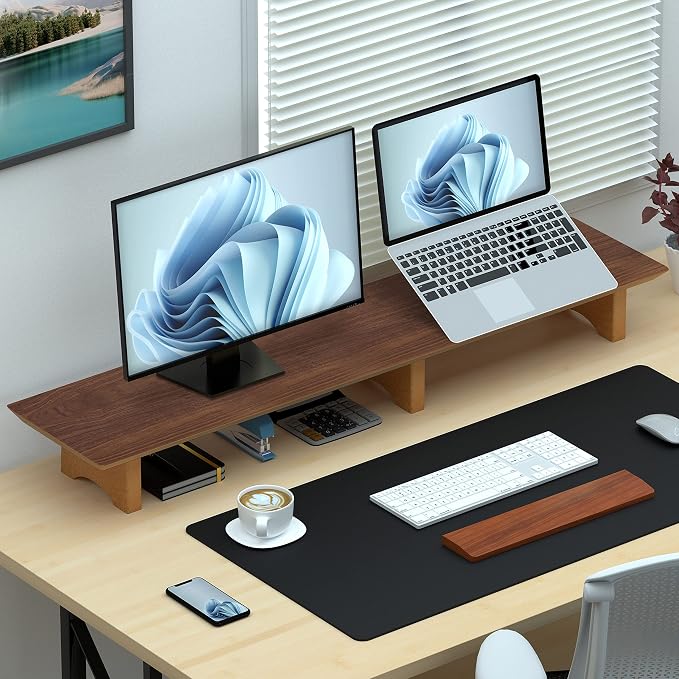 Aothia Solid Wood Dual Monitor Stand Riser for Desk, 43 Inch Black Walnut Computer Monitor Riser with Cork Legs, Extra Long Desktop Organizer Shelf for 2 Monitors, Laptop & Printer