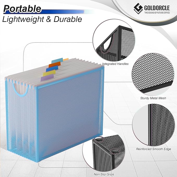 Letter-Size Hanging File Organizer (Blue, with 5 Grey Folders) | File Holder Filing Box for Desk, Metal Mesh Desk File Folder Storage for Office(No Assembly Required)