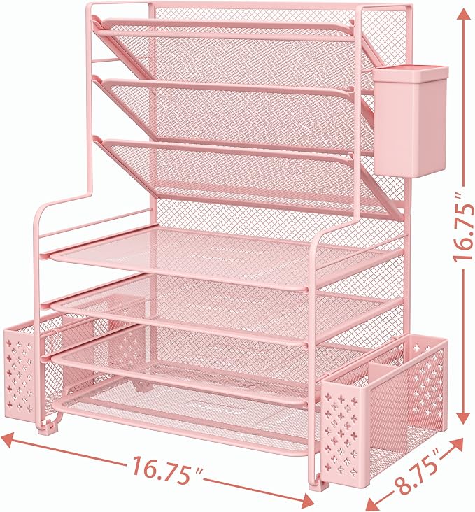 Simple Trending 7 Tier Desk File Organizer, Letter Tray Paper Organizer with Pen Holder and Metal Hanging Basket, Pink