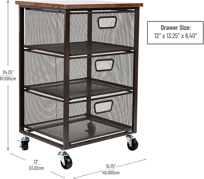 Mind Reader 3 Drawer Storage Organizer with Wood Top, Rolling Office Organizer Cabinet with Wheels, Office, Metal Mesh, Black