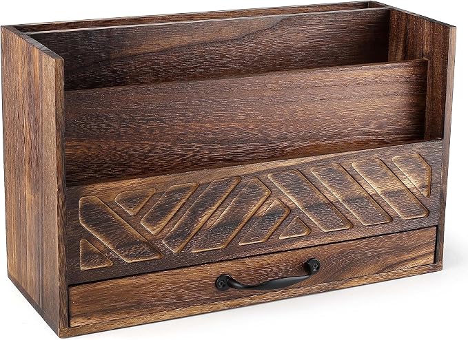 Wood Office Desk Organizers and Storage, Wood Mail Bill Organizer with Drawer for Desktop Organization, Desk Accessories & Workspace Organizers, File Paper Holder Desk Sorter for Storage(Rustic Brown)