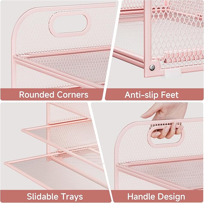 5-Tier Stackable Paper Organizer with Handle, Pink | Metal Mesh Letter Tray, Stylish Desk File Sorter for Office, Home & Classroom Supplies