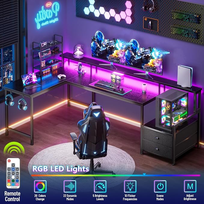Korfile 66'' L Shaped Gaming Desk with Drawers and Storage Shelves, Reversible Corner Desk with Power Outlets and Host Stand, Large Computer Desk with Led Lights for Gaming, Work, Home Office, Black | Large Black Computer Desk with Host Stand, Reversib...