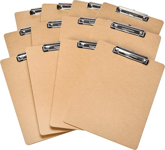 Amazon Basics Hardboard Office Clipboard, Letter Size, 9" x 12.5", Brown, 12-Pack