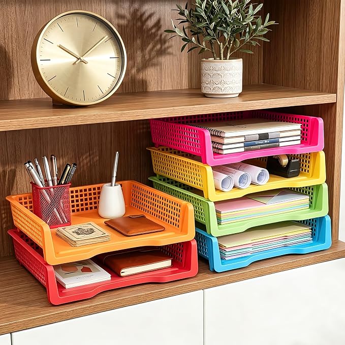 ZZYFGH 6 Pack Turn in Trays Classroom, Colorful Turn in Trays for Teachers, Plastic Classroom Paper Organizers, Stackable Tray for Classroom, Library, Drawers, Office Desk (13.4 * 9.5 * 2.7in)