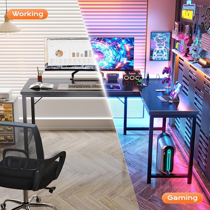 Huuger 55 Inch L Shaped Desk with Power Outlets & 0.95 Inch Thicker Desktop | Reversible Computer Desk, Larger Office Corner Gaming Desk, Metal Frame, for Home Office, Study, Black