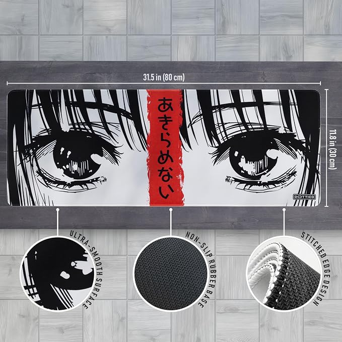 XL (31.5×11.8 in) Manga Eyes Gaming Mouse Pad – Japanese Minimalist Desk Mat with Kanji & Bold Art – Non-Slip, Water-Resistant Surface, Stitched Edges – Anime Red
