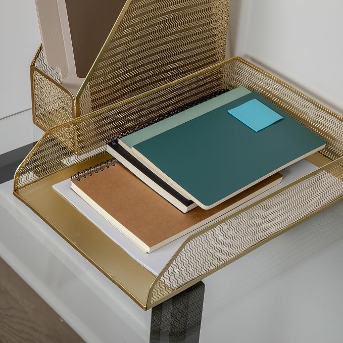 Martha Stewart Ryder 6-Piece Mesh Metal Desktop Organizer Set, Gold | Steel Mesh, Gold Finish