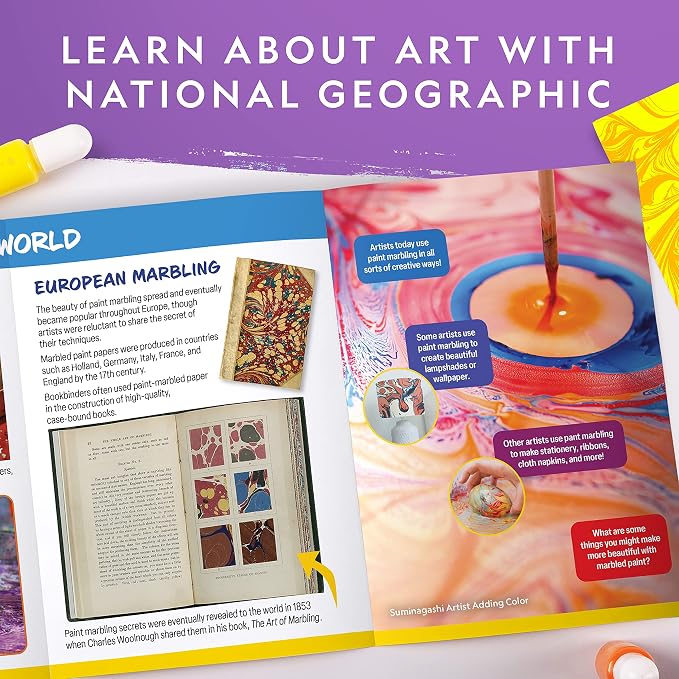 National Geographic Marbling Paint Craft Kit to Create Marble Art for Kids | Create 12 Sheets of Marble Art, Paints and Water Technique, Colorful Designs, Creative Painting Activity, Birthday Gift