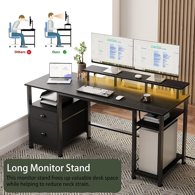Furologee 61" Gaming Desk with Outlets & LED, Large Computer Desk, Black | AC Outlets & USB, Ergonomic Monitor Stand, Drawer & File Cabinet, Adjustable Shelf, Reversible Table for Bedroom, Dorm