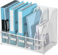 Desk Organizers Metal Desk Magazine File Holder with 5 Vertical Compartments Rack File Organizer for Office Desktop, Classroom, Home Workspace, White Plus