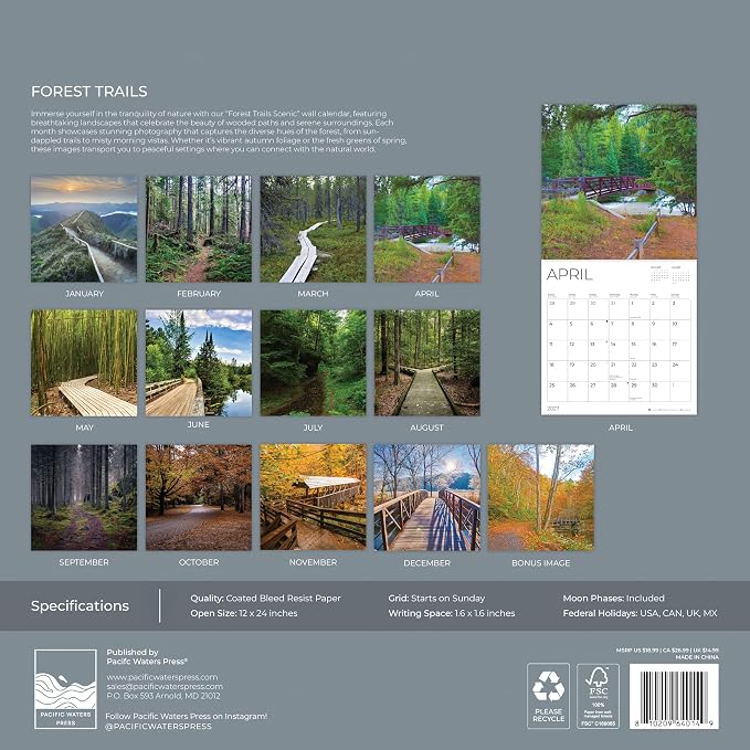 Forest Trails 2027 Wall Calendar, 12 x 24 Hanging Pacific Waters Press