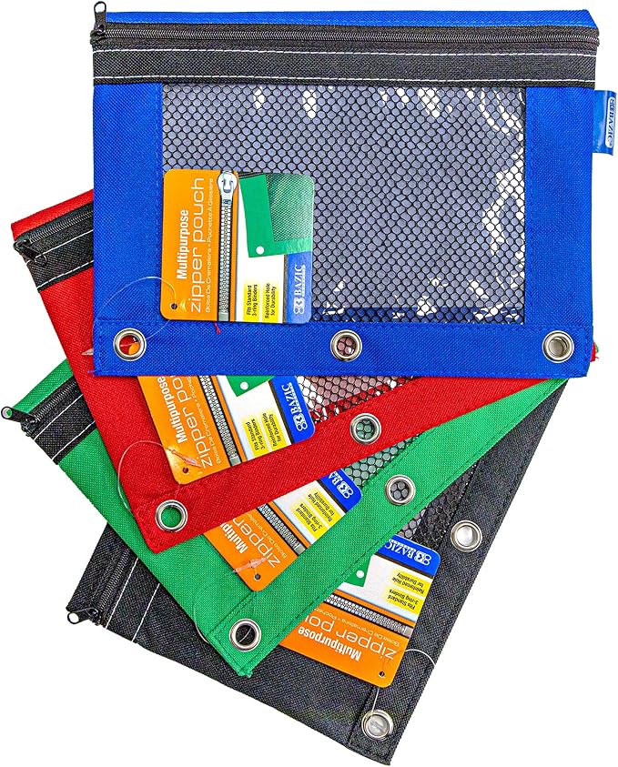 BAZIC PRODUCTS 3-Ring Pencil Pouch with Clear Mesh Window, 4-Set | clear mesh window and a zipper closure for pens, pencils, supplies
