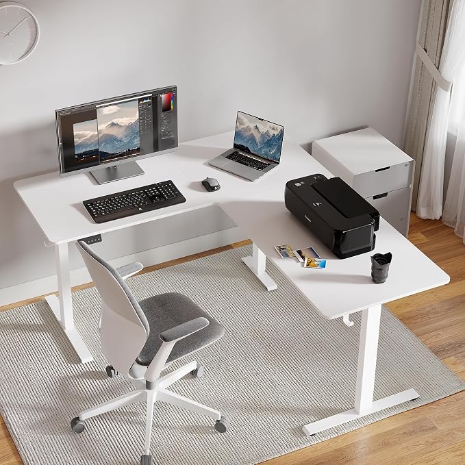 FEZIBO 63" x 55"L Shaped Standing Desk, Electric Stand up Corner Computer Desk, Sit Stand Home Office Desk with Splice Board, White