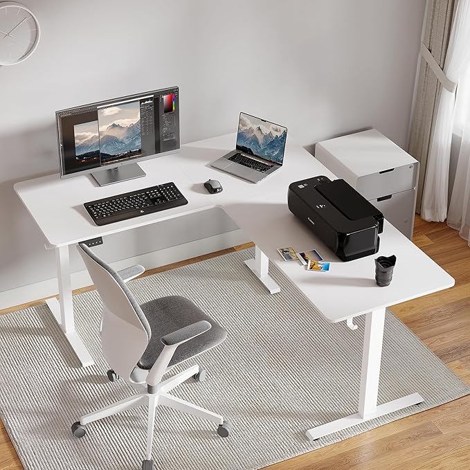 Cubiker L Shaped Standing Desk - 63 x 55 Inch Electric Adjustable Height Corner Standing Desk, Ergonomic Sit Stand Up Table with 3 Memory Buttons, Splice Board for Home Office, White