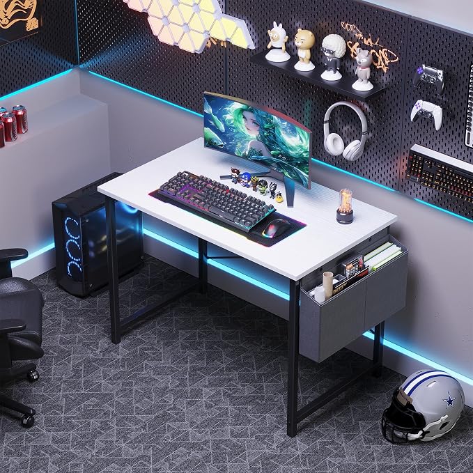 OLIXIS Small Computer Desk, 31 Inch Gaming Desks for Home Office | Writing Study Craft Work Table, Computer Workstation for Bedroom Small Spaces with Storage Bag, White and Black