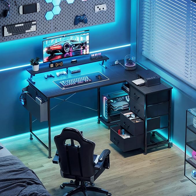 VERMESS 47" Reversible L Shaped Gaming Computer Desk, Corner Desk with Power Outlets & Monitor Stand, Writing Study Table with 4 Storage Drawers, Desk with LED Lights, Black