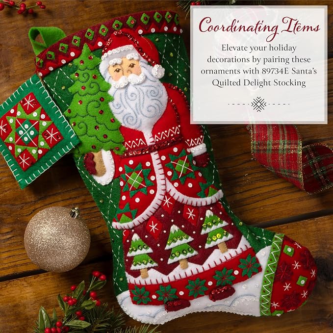 Bucilla Felt Applique 4 Piece Ornament Making Kit, Holiday Quilt Squares, Perfect for DIY Arts and Crafts, 89753E