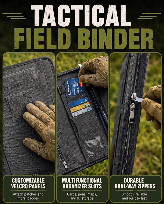 Tactical Padfolio, Detachable 3-Ring Binder with Zipper | Multi-pocket nylon organizer with carry handle, 40 letter-size sheets, pen and compass for field work, office and school