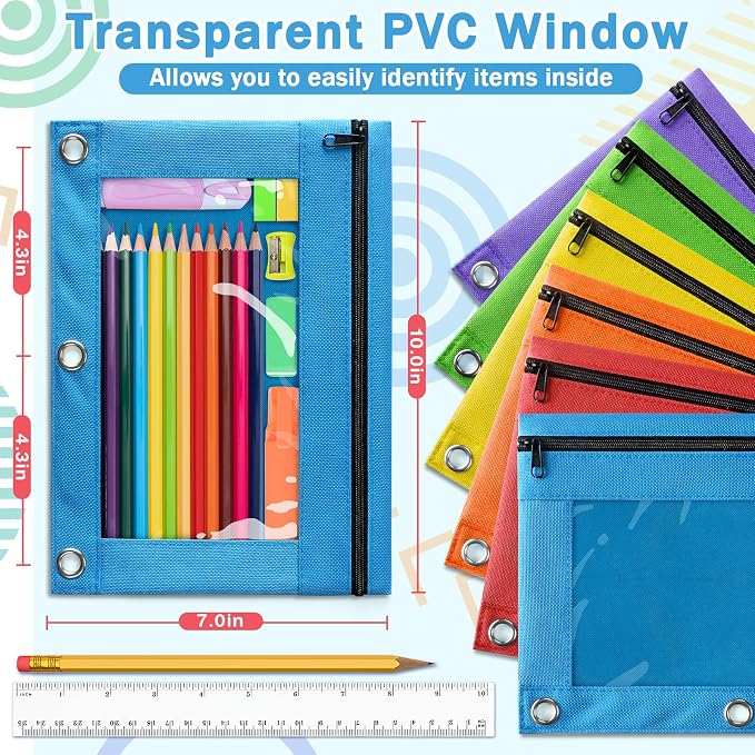 Pencil Pouch for 3 Ring Binder, Bulk Pencil Pouches with Zipper, 144 Pack | 6 Assorted Colors, Clear Window Binder Pouches for Students Teachers, Classroom, Back to School Supplies, Office Organization