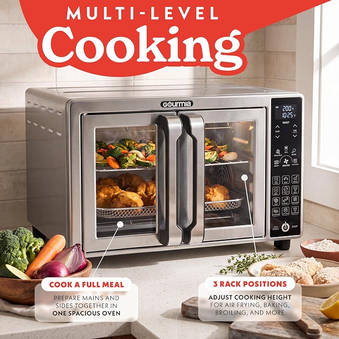 Gourmia French Door Air Fryer Toaster Oven - 6 Slice Capacity, Temperature Probe, 18 Cooking Presets, FryForce, Digital Display, 3 Rack Positions, Dishwasher-Safe Accessories, Stainless Steel