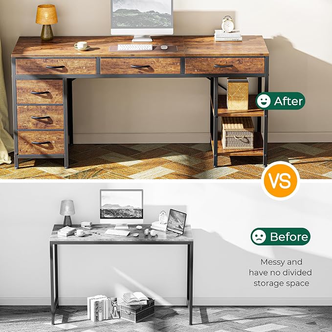 Huuger Computer Desk with 6 Drawers, Office Desk with Shelves, Reversible Gaming Desk, Large Corner Desk with Storage, Work for Home Office, Study, Living Room, 63inch, Rustic Brown