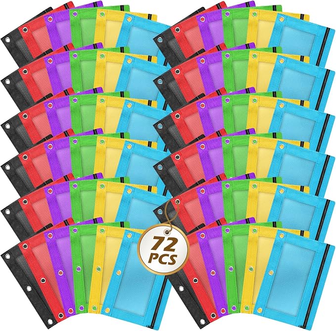 Pencil Pouch for 3 Ring Binder, 72 Piece Bulk 3 Holes Zipper Pencil Pouches in 6 Assorted Colors, Clear Durable Pencil Case for School, Classroom, Office Supplies