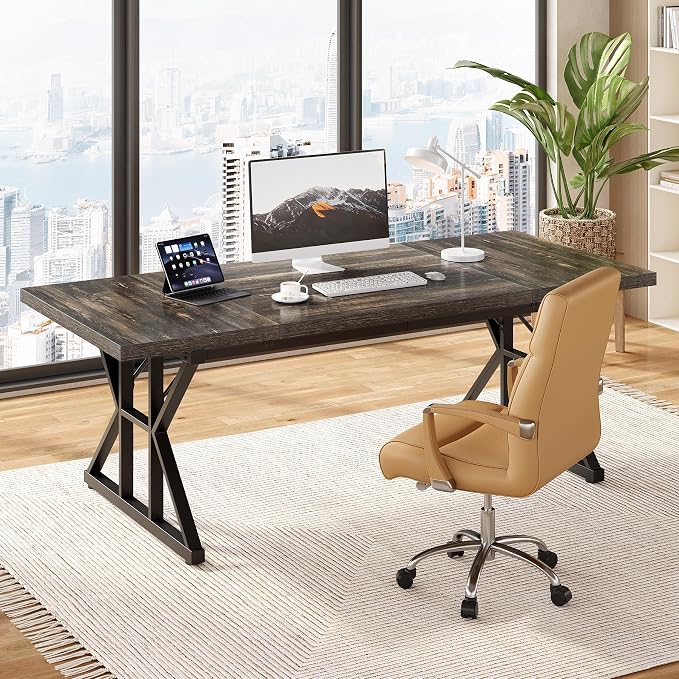 LITTLE TREE 70.8-Inch Large Executive Desk, Extra Long Computer Office Desk Workstation, Modern Simple Style Laptop Table, Sturdy Wooden Writing Workstation for Home Black Oak