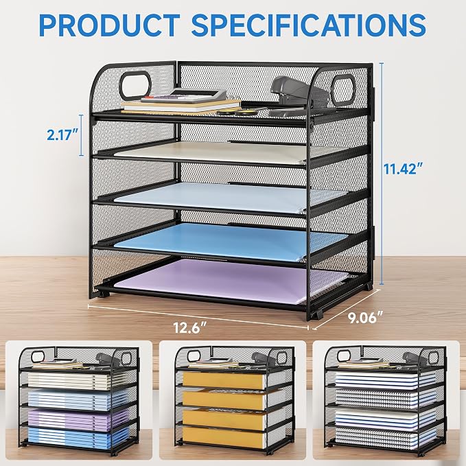 Paper Organizer Letter Tray with Handle Mesh 5 Trays-Black 2 Pack | Desk File Organizer Paper Sorter Desk Organizer for Office, Home or School