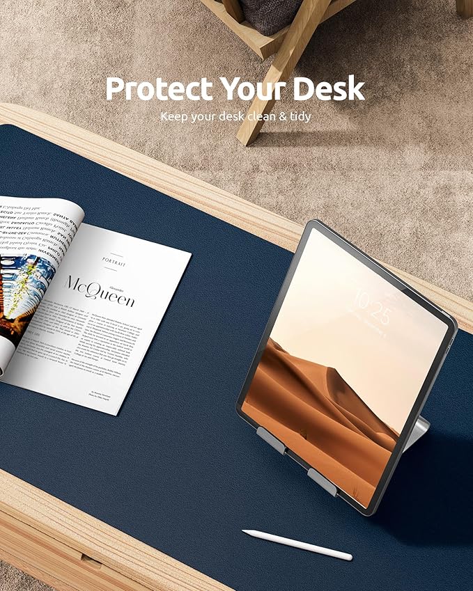 YSAGi Leather Desk Protector, Office Mat, Large Mouse Mat, Non-Slip PU Leather Blotter, Laptop Pad, Waterproof Writing Pad for Office and Home (Dark Blue, 31.5" x 15.8")