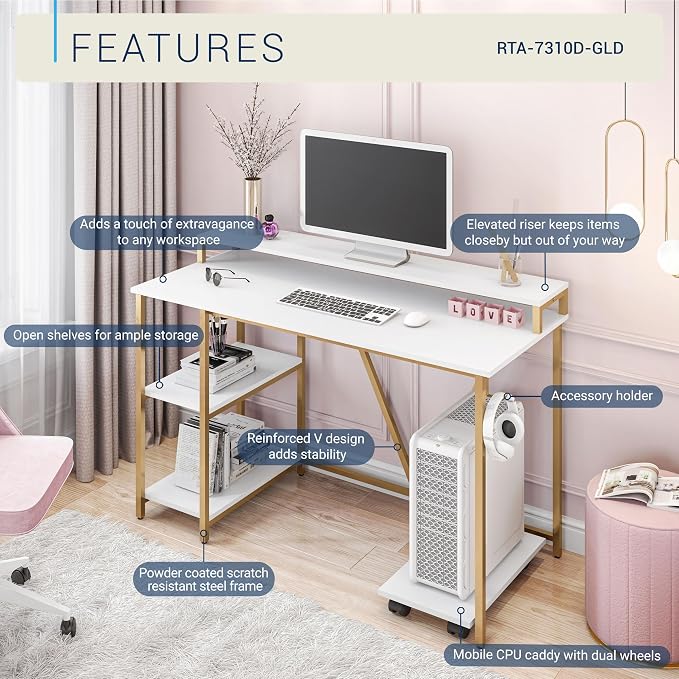 Techni Mobili 47" Computer Desk w/Shelves, Monitor Stand & CPU Caddy, Gold | 47" industrial computer desk with shelves, monitor stand, accessory holder, mobile CPU caddy, 2‑tier shelf for home office