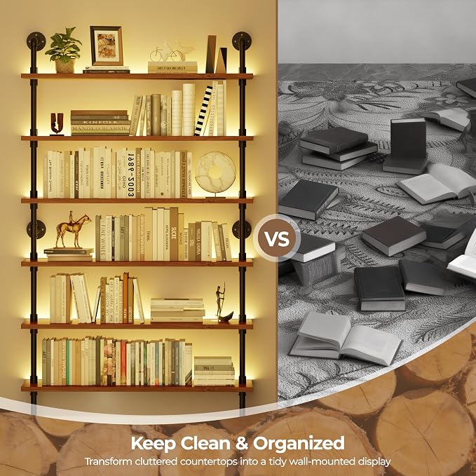 6-Tier LED Ladder Shelf, Wall Mounted Pipe Bookshelf, Walnut Brown 48 Inch | Solid pine 6-tier wall mounted pipe bookshelf with warm LED lights, 50 lb shelves, for books, plants and decor