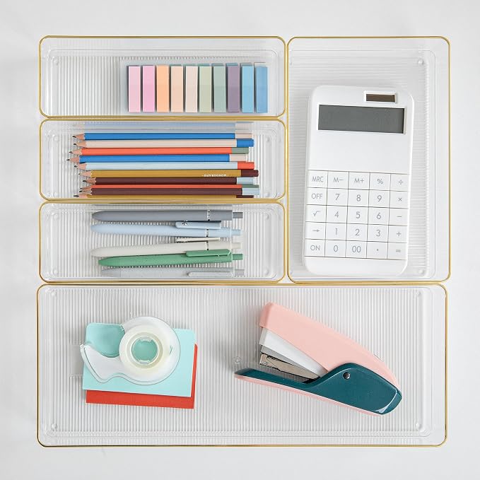 Martha Stewart Kerry Stackable Desk Drawer Organizers, Clear/Gold, 5-Pack | Various Sizes, Gold Trim, Stackable