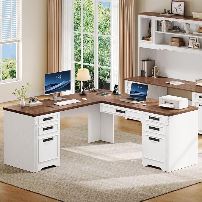 YITAHOME L Shaped Executive Desk with Lift Top & Drawers | Lift Top & Drawers, Farmhouse Corner Computer Desk, Power Outlets, Carved Design Wood, Storage Cabinet