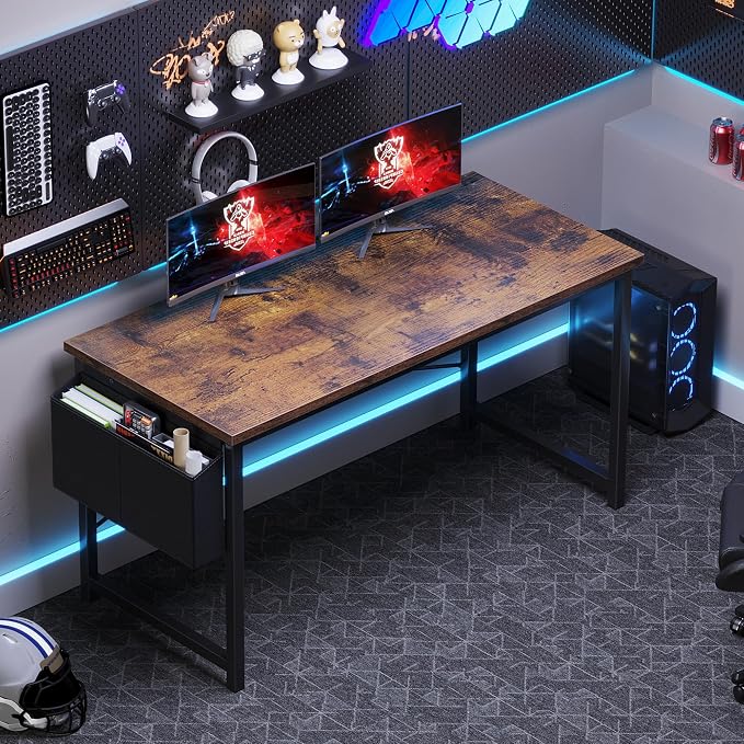 OLIXIS Computer Desk, 55 Inch Gaming Desks for Home Office Small Spaces | Writing Study Craft Work Table, Computer Workstation for Bedroom with Storage Bag, Rustic Brown