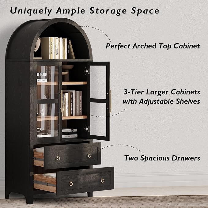 71" Arched Storage Cabinets with Glass Doors, Farmhouse Kitchen Pantry Cabinet with 2 Large Drawers, Tall Bookcase with Adjustable Shelves, Curio Cabinet, Display Cabinet (Black)