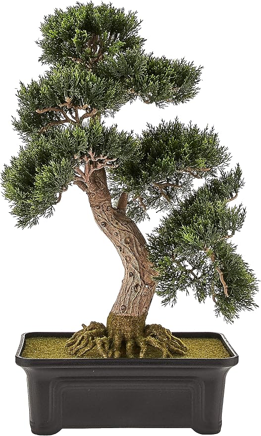 Nearly Natural 4103 24in. Cedar Bonsai Silk Plant,Green | Exposed-Root System, Artfully Trimmed Bonsai Replica, Rectangular Shaped Planter, Maintenance-Free Office Accent