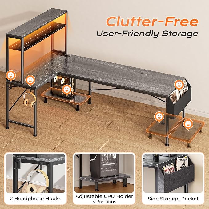 L Shaped Gaming Desk with LED Lights & Power Outlets | Reversible Computer Desk with Storage Shelves & Bag, Large Corner Home Office Desk with Pegboard for Work from Home, Grey