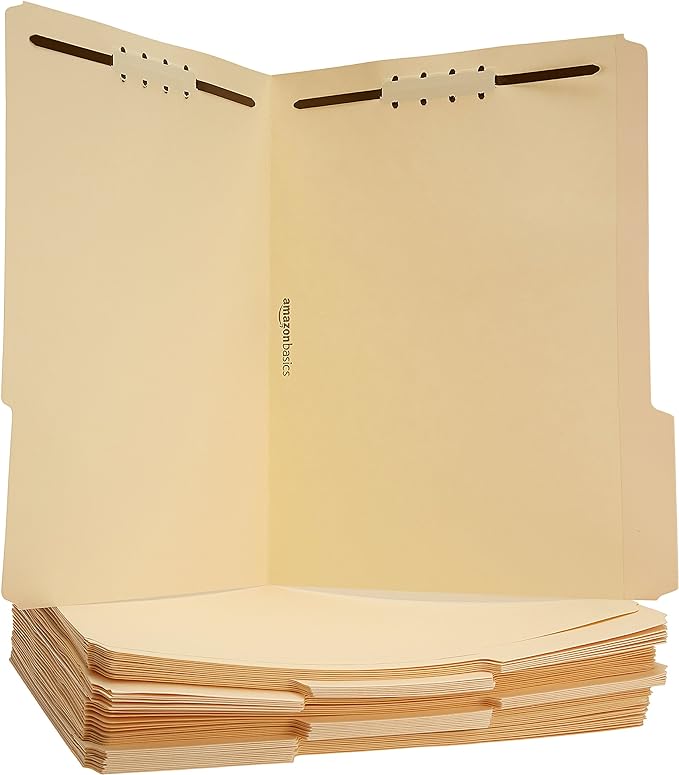 Amazon Basics Manila File Folders with Fasteners, 1/3 Cut Reinforced Tab, Letter Size, Expandable, Document Organizer, Beige, 50-Pack