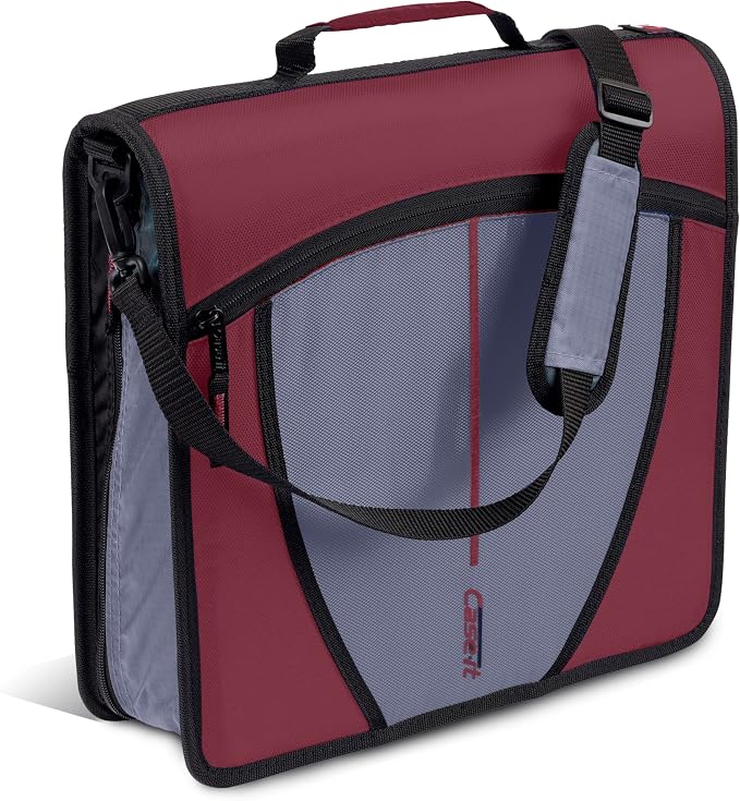 Case-it School Zipper Binder | 3" O-Rings | 600-Sheet | D-146 Red Burgundy | Mighty Zip Tab, 5-Subject Expanding File Folder, Multiple Pockets, Storage Organizer, Shoulder Strap, Office
