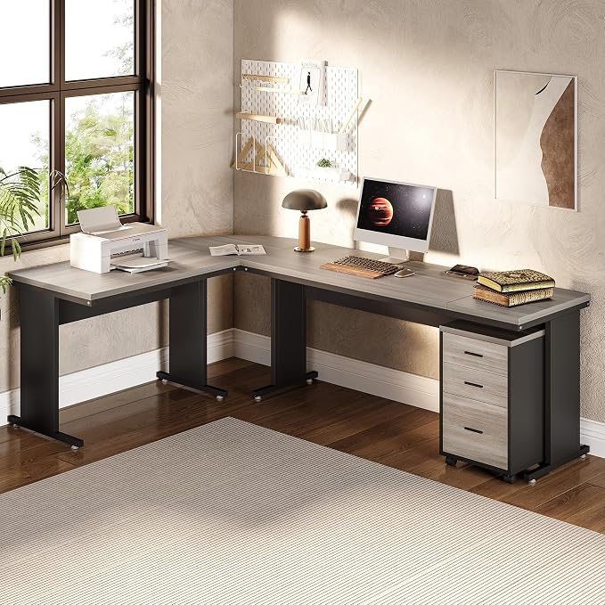 LITTLE TREE 82.67" Long Executive Desk with Drawers, Large L-Shaped Office Desk with Mobile File Cabinet, Farmhouse Computer Office Furniture Work Desk with Storage for Home Office, Gray
