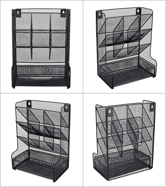 Desk Organizer with Drawer Office Supplies and Accessories Storage Caddy Hanging Wall Shelf Metal Mesh Pencil Holder for Kids, 9 Compartments, Black
