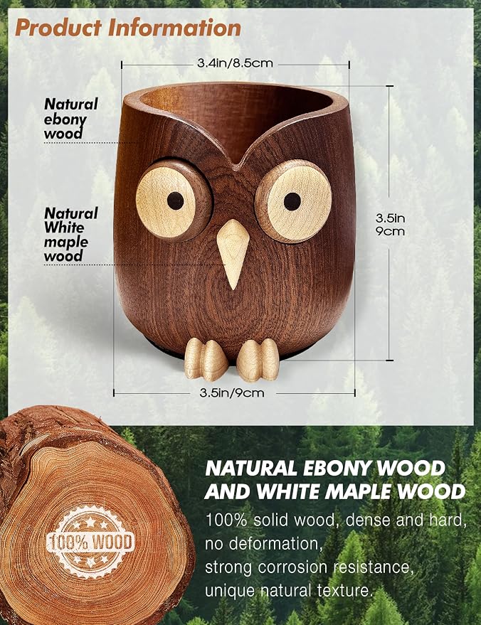 Solid Wood Owl Pen Holder for Desk with Magnetic Spinning Eyes, Funny Pencil Holder, Cute Desk Accessories, Home Office Decor, Gift for Teachers, Coworkers, Friends & Family