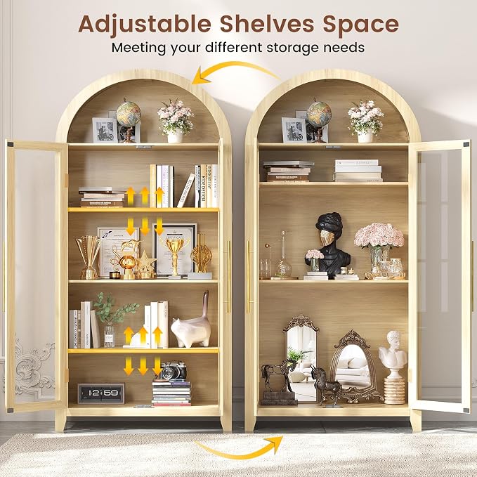 Vlsrka 71" Arched Kitchen Pantry Storage Cabinet with Glass Doors | 5-Tier Display Cabinet for Collectibles, Tall Bookcase with LED Light & Motion Sensor, Curio Cabinet with Adjustable Shelf