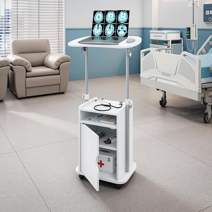Techni Mobili Adjustable Laptop Cart w/Storage, Rolling Mobile Desk, White | Adjustable laptop cart with storage cabinet, shelf, locking wheels, sit‑stand height for home office, bedside, classroom