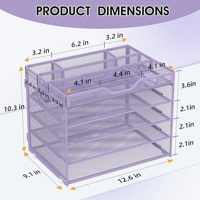 5 Tier Paper Letter Tray Desk Organizer with Pen Holders - Purple | Features 3 pen holders and 4 removable dividers.Versatile mesh desktop storage for mail, document,office supplie