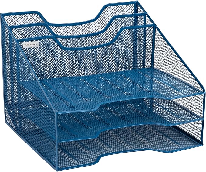 Mind Reader Metal Mesh Desktop File Organizer, 3-Tier Paper Tray with 5 Compartments, Office Mail Sorter, Turquoise