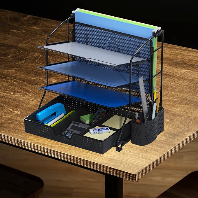 Simple Houseware Desktop Document Tray Organizer with Sliding Drawer, Black | Includes Pen Bucket & Hanging File Section